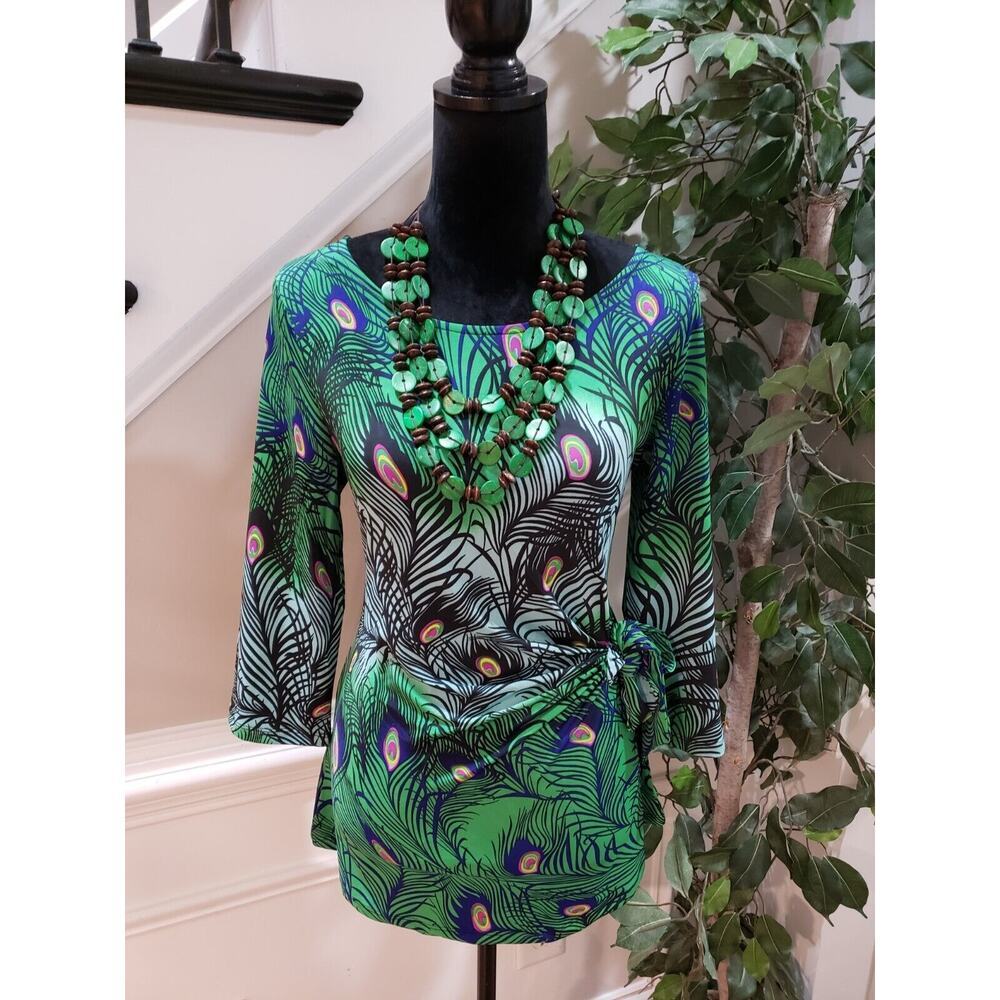 MT COLLECTION Women's Green Polyester Round Neck Long Sleeve Top Blouse Size M